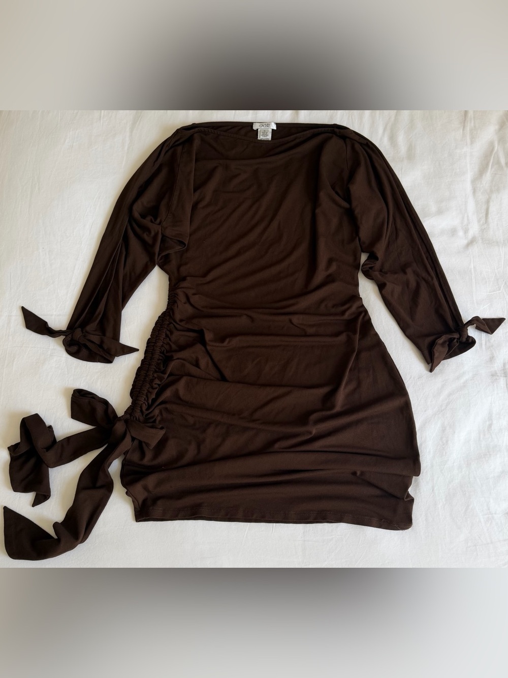 Vintage Cache Off-Shoulder Espresso Tie-Sleeve Dolman Mini Dress - Picture 3 of 5